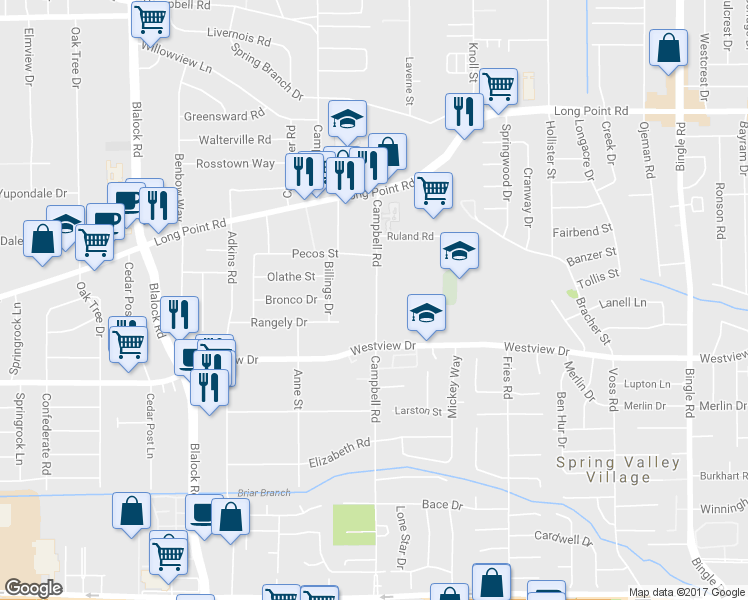 map of restaurants, bars, coffee shops, grocery stores, and more near 1467 Campbell Road in Houston