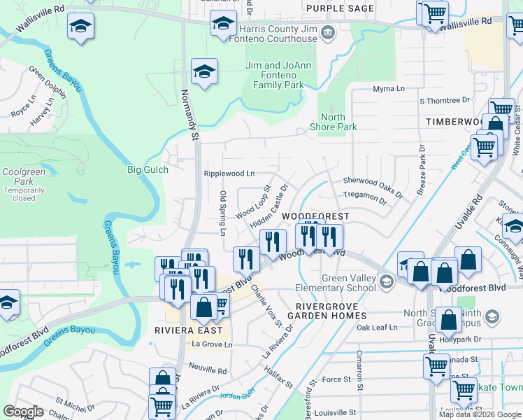 map of restaurants, bars, coffee shops, grocery stores, and more near 263 Wood Loop Street in Houston
