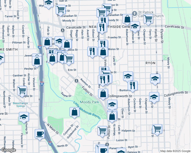 map of restaurants, bars, coffee shops, grocery stores, and more near 3924 Edison Street in Houston