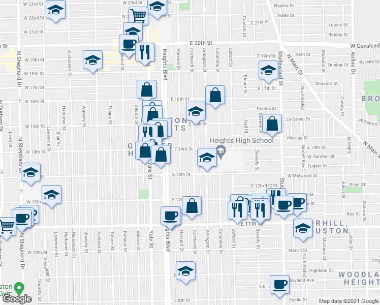 map of restaurants, bars, coffee shops, grocery stores, and more near 1341 Cortlandt Street in Houston