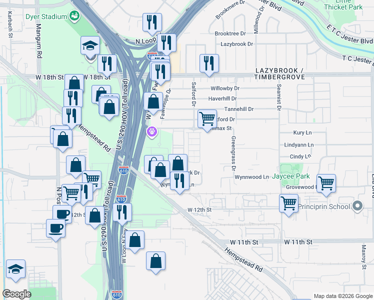map of restaurants, bars, coffee shops, grocery stores, and more near 1421 Biondo Way in Houston