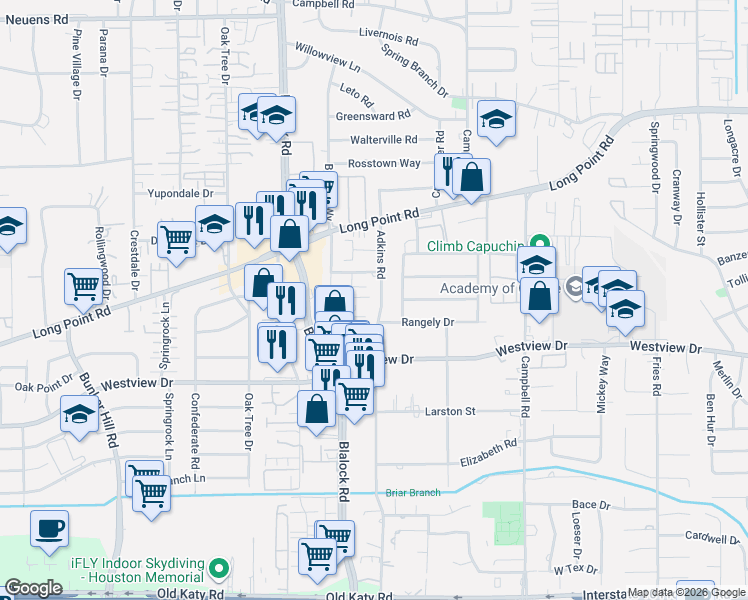 map of restaurants, bars, coffee shops, grocery stores, and more near 1428 Adkins Road in Houston