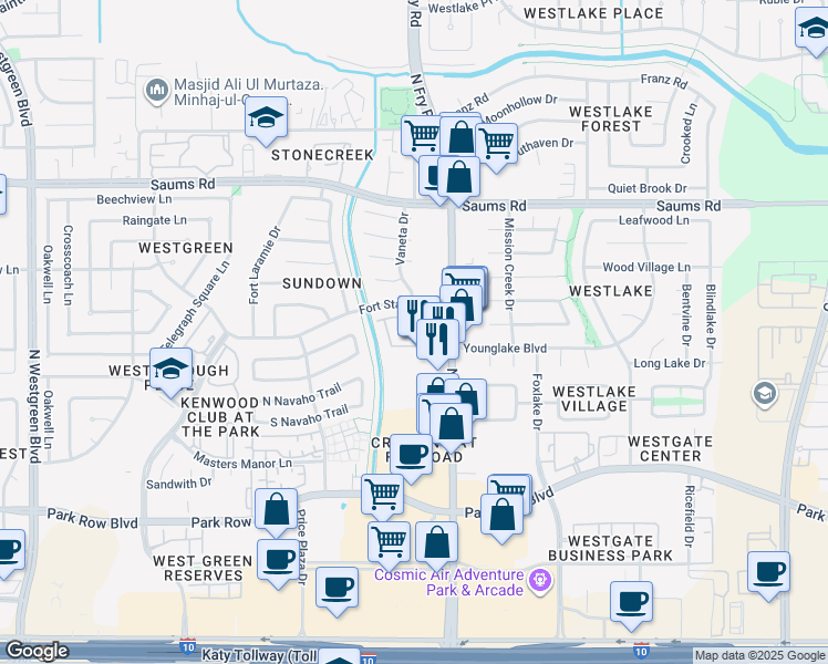 map of restaurants, bars, coffee shops, grocery stores, and more near 19935 Fort Stanton Drive in Katy