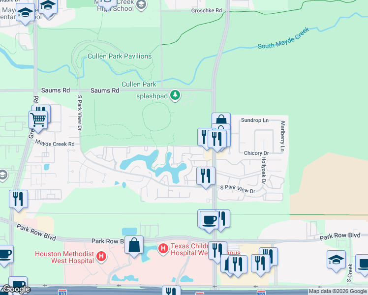 map of restaurants, bars, coffee shops, grocery stores, and more near 1895 Barker Cypress Road in Houston