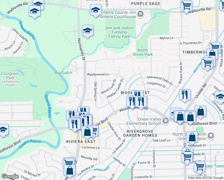 map of restaurants, bars, coffee shops, grocery stores, and more near 263 Wood Loop Street in Houston