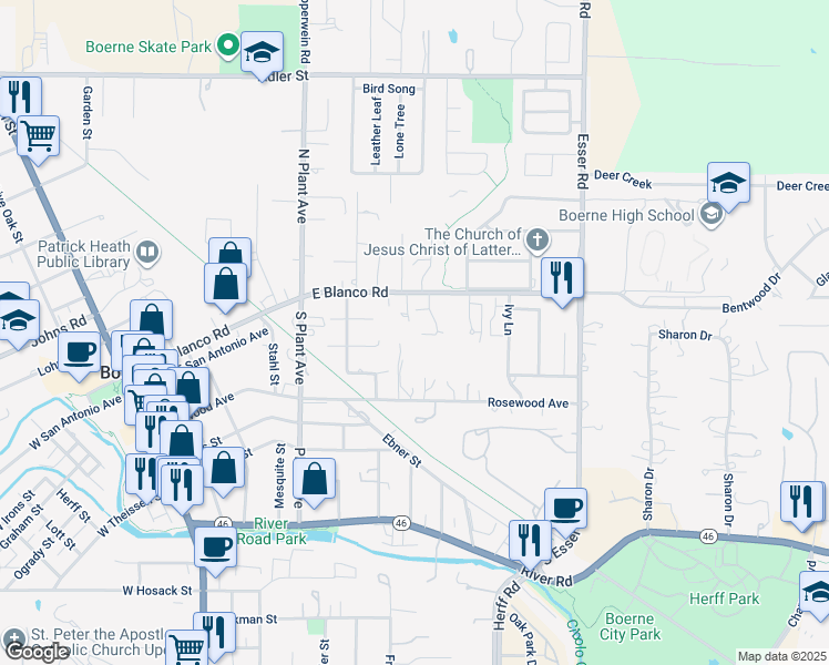 map of restaurants, bars, coffee shops, grocery stores, and more near 116 Village Cove in Boerne