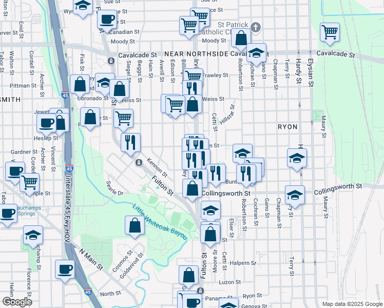 map of restaurants, bars, coffee shops, grocery stores, and more near 3915 Irvington Boulevard in Houston