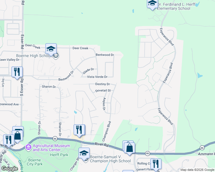 map of restaurants, bars, coffee shops, grocery stores, and more near 94 Destiny Drive in Boerne