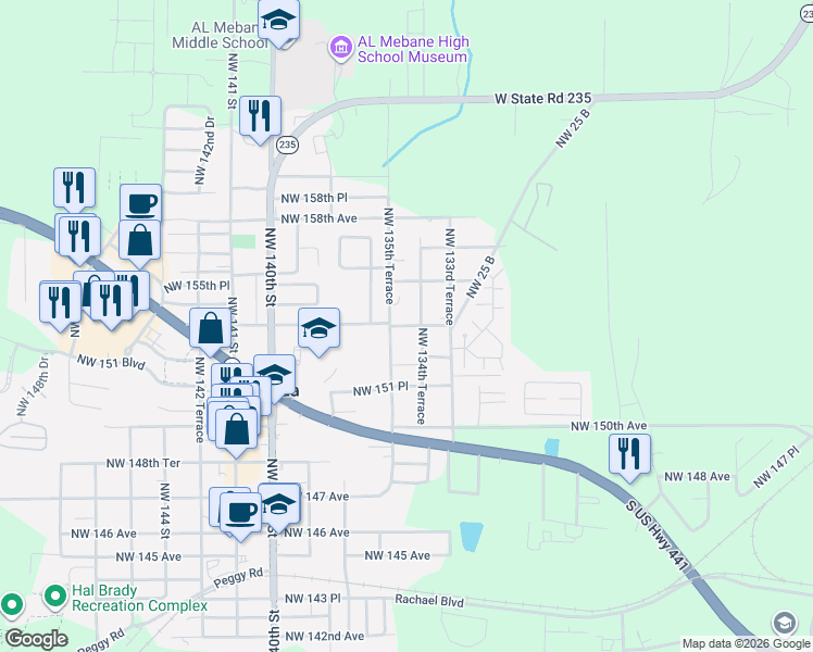 map of restaurants, bars, coffee shops, grocery stores, and more near 15410 Northwest 135th Terrace in Alachua