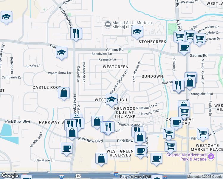 map of restaurants, bars, coffee shops, grocery stores, and more near 20130 Telegraph Square Lane in Katy