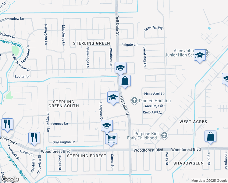 map of restaurants, bars, coffee shops, grocery stores, and more near 1110 Fairlane Square in Channelview