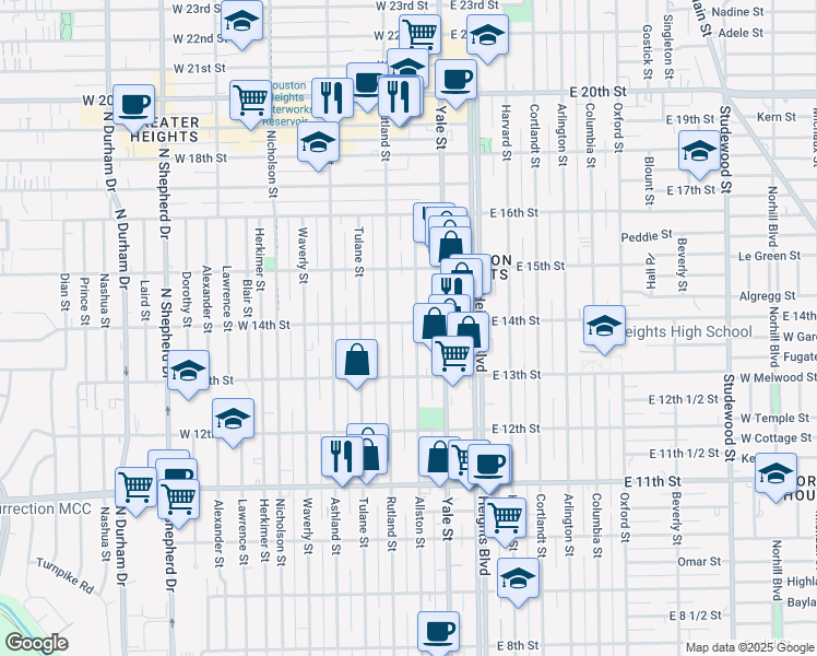 map of restaurants, bars, coffee shops, grocery stores, and more near 1343 Allston Street in Houston