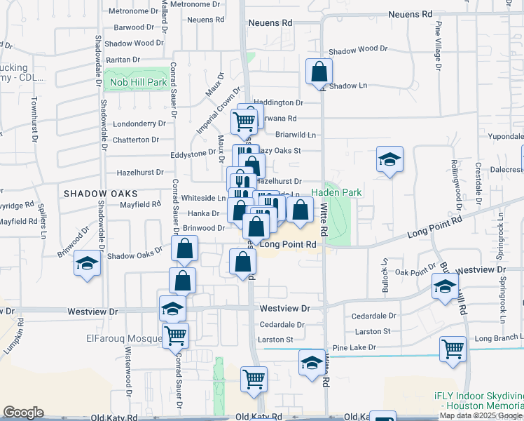 map of restaurants, bars, coffee shops, grocery stores, and more near 1421 Longhorn Drive in Houston