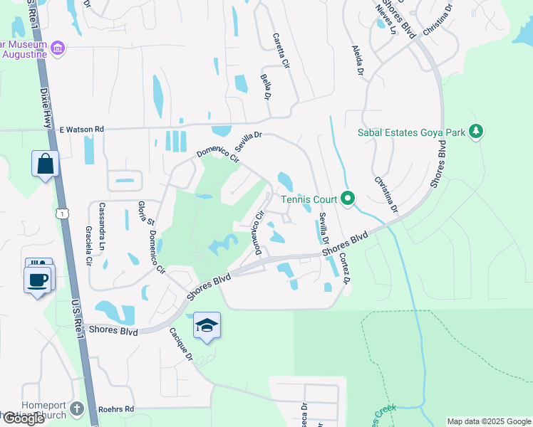 map of restaurants, bars, coffee shops, grocery stores, and more near 105 Augusta Circle in St. Augustine