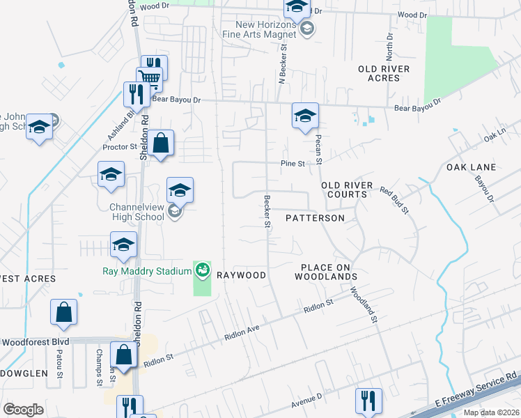 map of restaurants, bars, coffee shops, grocery stores, and more near 1031 Becker Street in Channelview