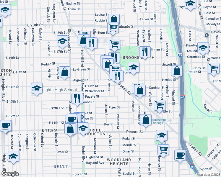 map of restaurants, bars, coffee shops, grocery stores, and more near 4308 Julian Street in Houston