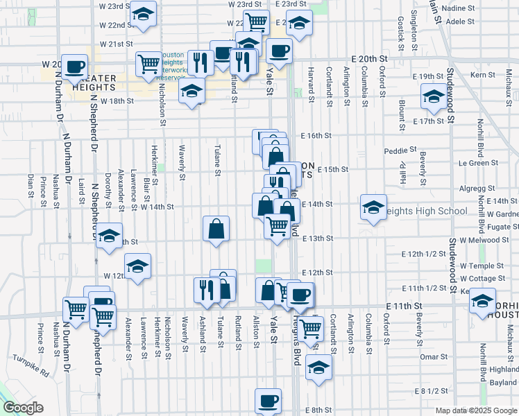 map of restaurants, bars, coffee shops, grocery stores, and more near 1344 Allston St in Houston