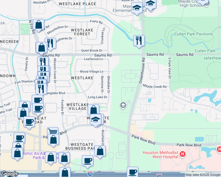map of restaurants, bars, coffee shops, grocery stores, and more near 2002 Blindlake Drive in Houston