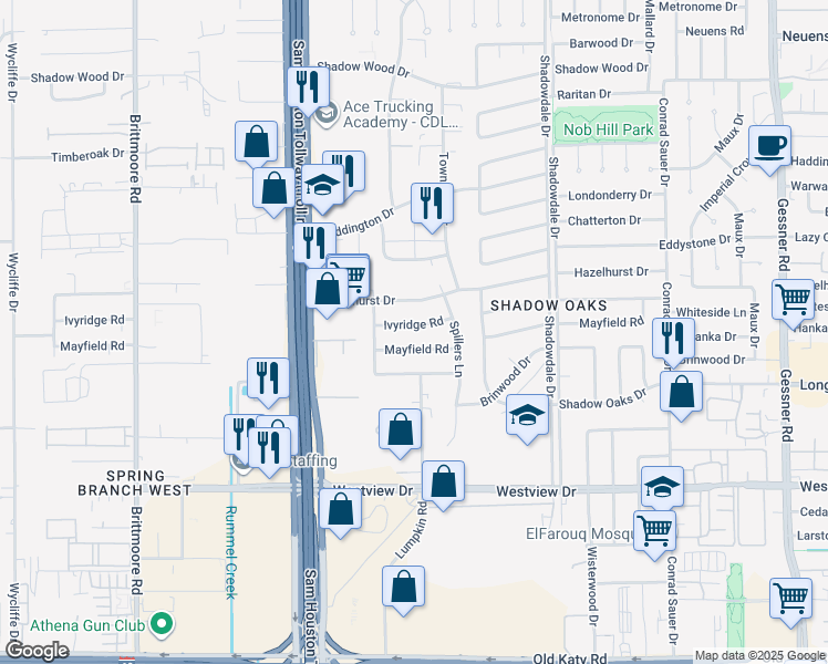 map of restaurants, bars, coffee shops, grocery stores, and more near 10651 Ivyridge Road in Houston