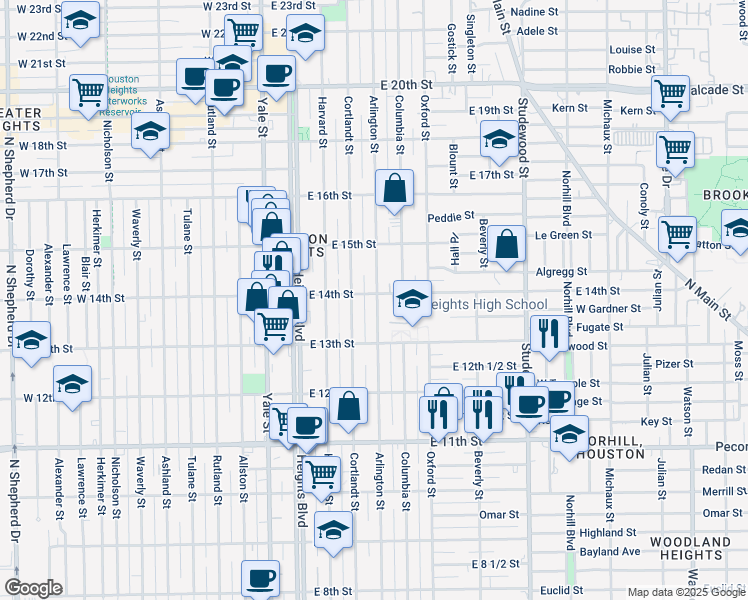 map of restaurants, bars, coffee shops, grocery stores, and more near 1391 Arlington Street in Houston