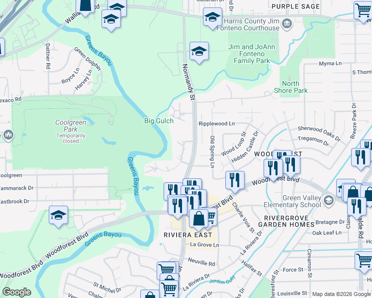 map of restaurants, bars, coffee shops, grocery stores, and more near 223 Wood Circle Lane in Houston