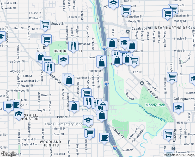 map of restaurants, bars, coffee shops, grocery stores, and more near 513 Vincent Street in Houston