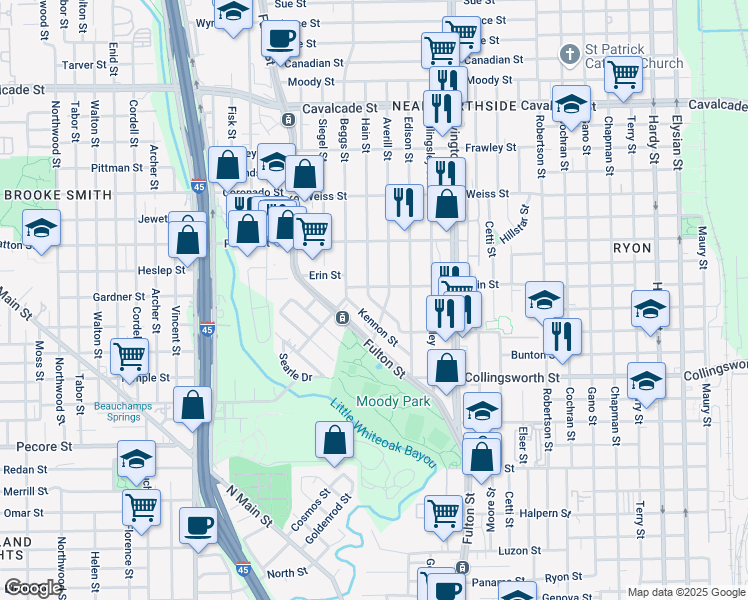 map of restaurants, bars, coffee shops, grocery stores, and more near 3906 Hain Street in Houston