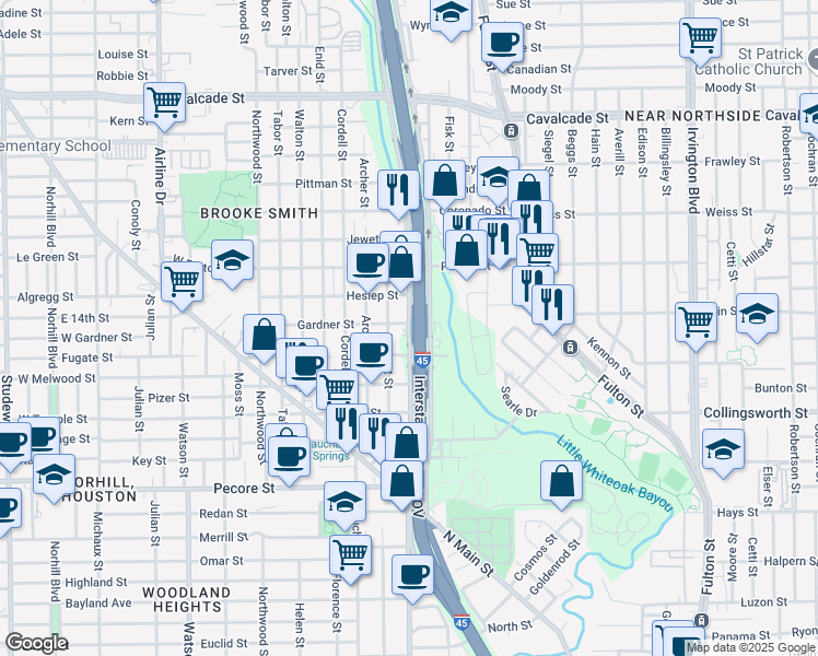 map of restaurants, bars, coffee shops, grocery stores, and more near North Fwy & I-45 & N Fwy Service Rd in Houston