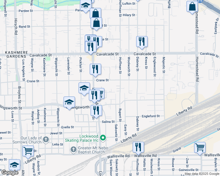 map of restaurants, bars, coffee shops, grocery stores, and more near 5513 Makeig Street in Houston