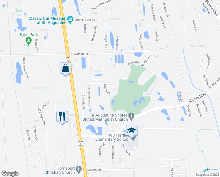 map of restaurants, bars, coffee shops, grocery stores, and more near 437 Domenico Circle in Saint Augustine