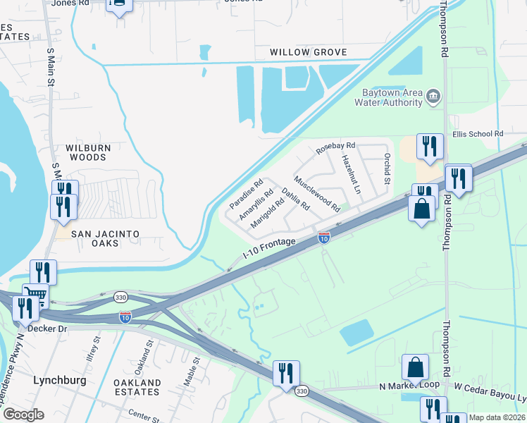 map of restaurants, bars, coffee shops, grocery stores, and more near 911 Marigold Road in Baytown