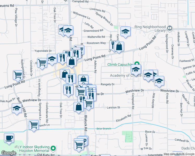 map of restaurants, bars, coffee shops, grocery stores, and more near 1428 Adkins Road in Houston