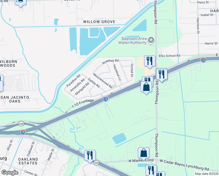 map of restaurants, bars, coffee shops, grocery stores, and more near 1302 Rose Meadow Boulevard in Baytown
