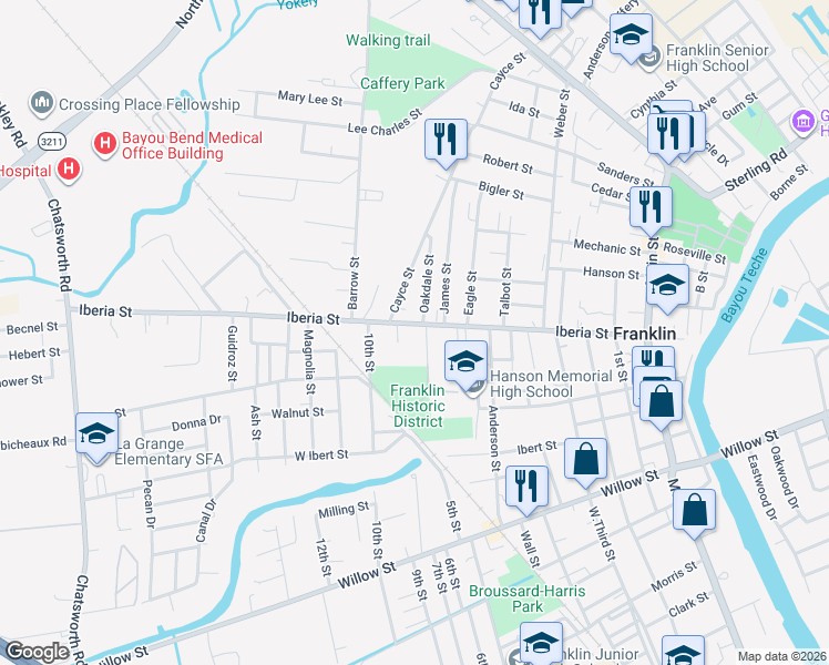 map of restaurants, bars, coffee shops, grocery stores, and more near 901-975 Iberia Street in Franklin