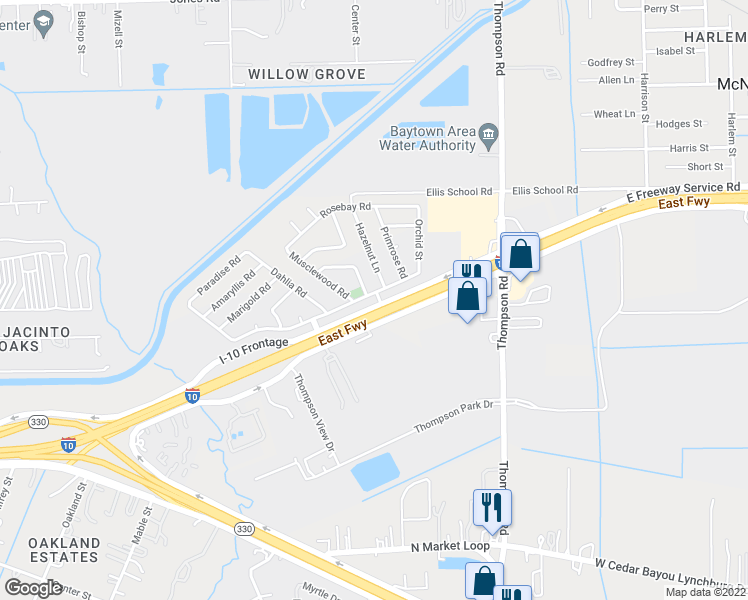 map of restaurants, bars, coffee shops, grocery stores, and more near 1402 Rose Meadow Boulevard in Baytown