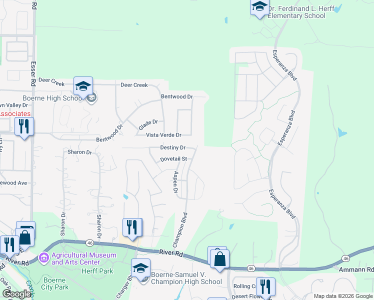 map of restaurants, bars, coffee shops, grocery stores, and more near 94 Destiny Drive in Boerne