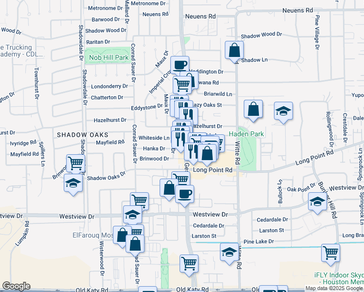 map of restaurants, bars, coffee shops, grocery stores, and more near 1422 Maux Drive in Houston