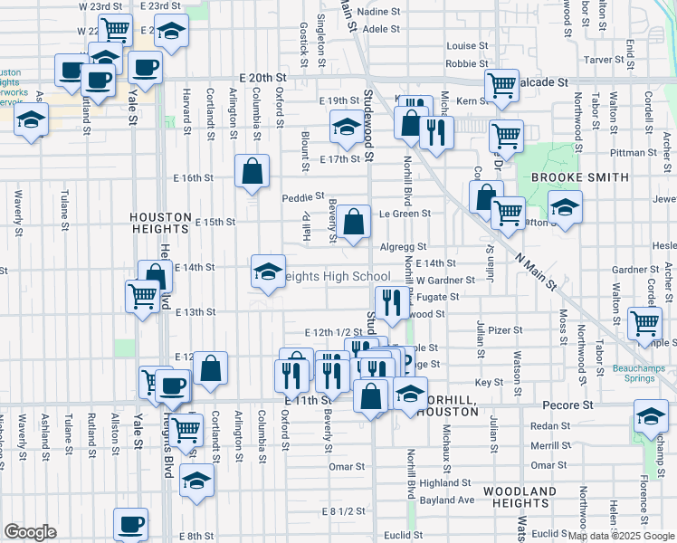 map of restaurants, bars, coffee shops, grocery stores, and more near 712 East 14th Street in Houston