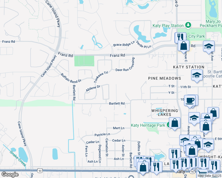 map of restaurants, bars, coffee shops, grocery stores, and more near 1707 Quail Ridge Drive in Katy