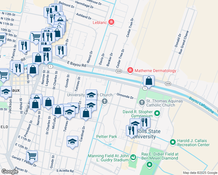 map of restaurants, bars, coffee shops, grocery stores, and more near 126 Saint Joseph Street in Thibodaux