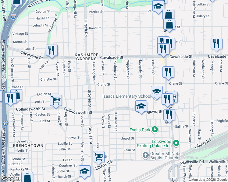 map of restaurants, bars, coffee shops, grocery stores, and more near 3910 Wayne Street in Houston
