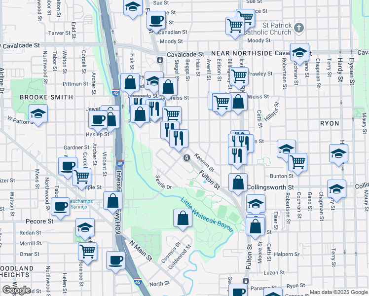 map of restaurants, bars, coffee shops, grocery stores, and more near 3812 Beggs Street in Houston
