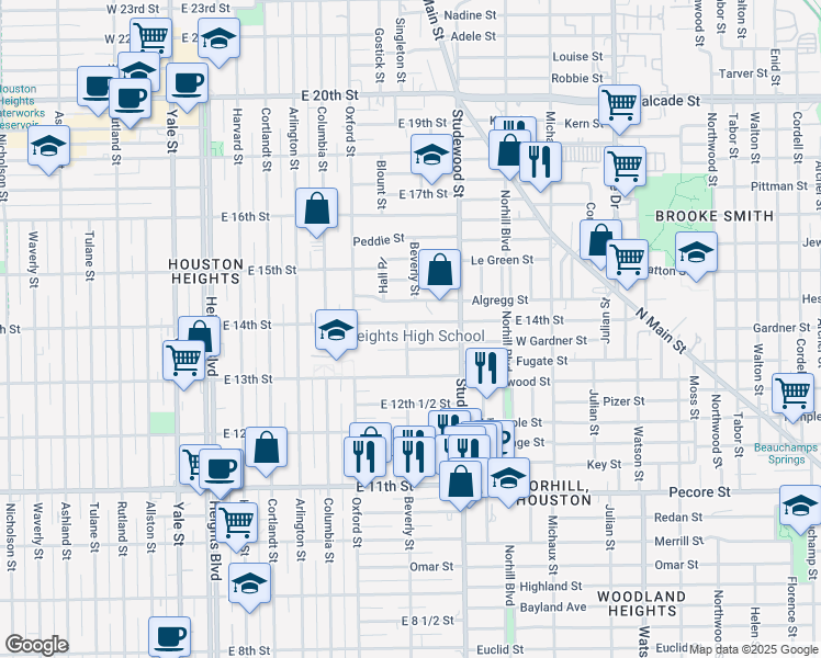 map of restaurants, bars, coffee shops, grocery stores, and more near 712 East 14th Street in Houston