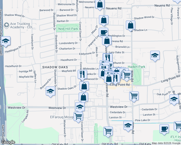 map of restaurants, bars, coffee shops, grocery stores, and more near 10138 Hanka Drive in Houston