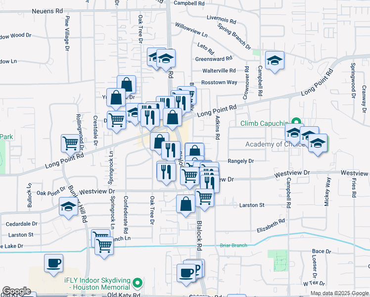 map of restaurants, bars, coffee shops, grocery stores, and more near 1428 Blalock Road in Houston