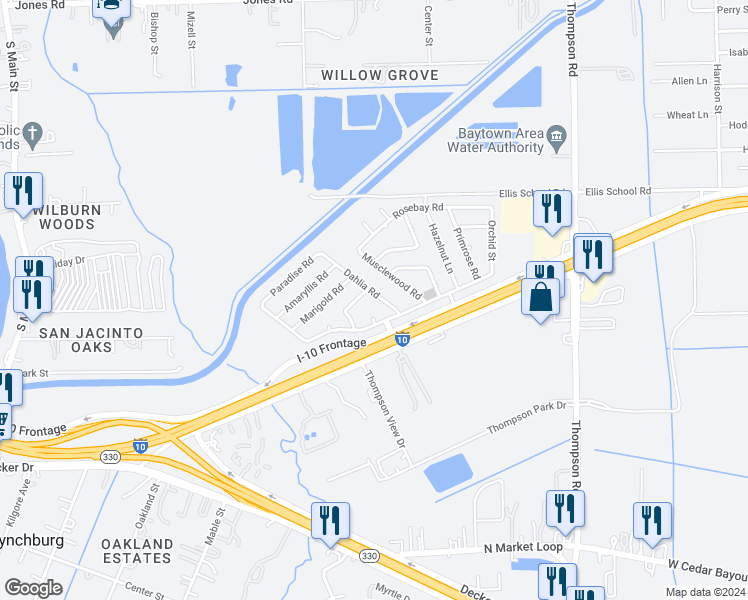 map of restaurants, bars, coffee shops, grocery stores, and more near 6923 Dahlia Road in Baytown