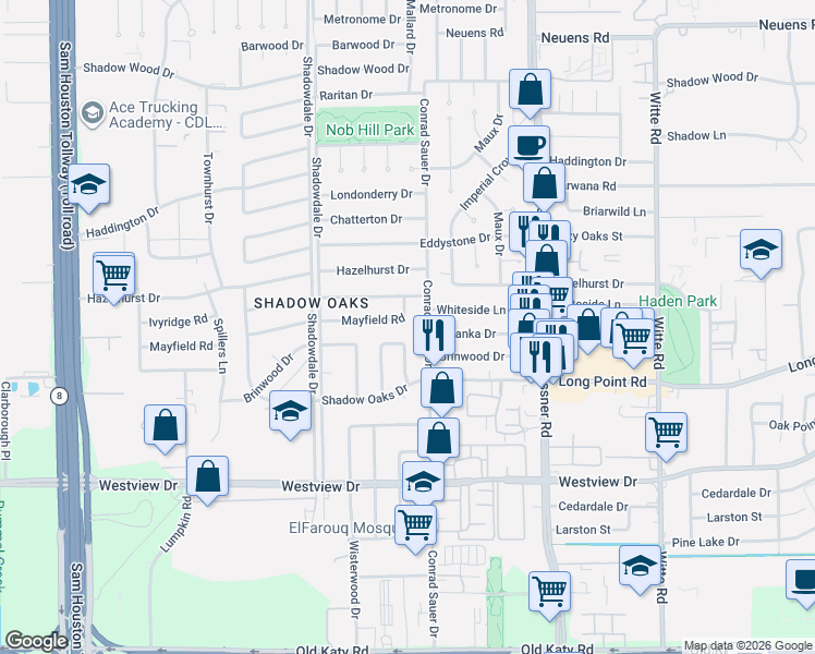map of restaurants, bars, coffee shops, grocery stores, and more near 10217 Mayfield Road in Houston