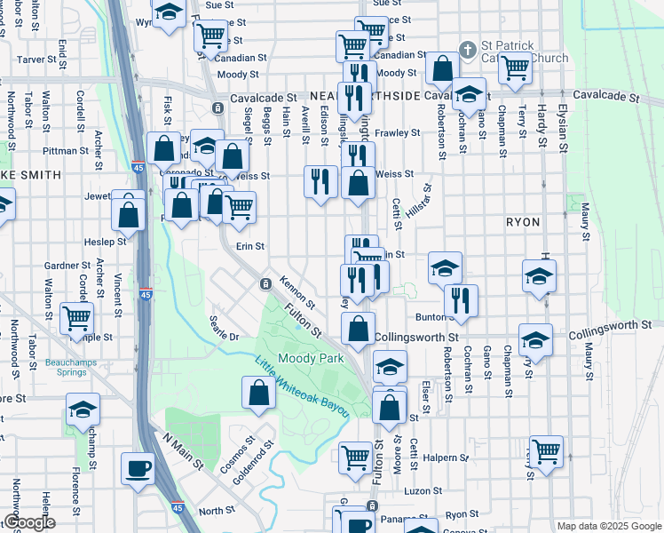 map of restaurants, bars, coffee shops, grocery stores, and more near 3924 Edison Street in Houston