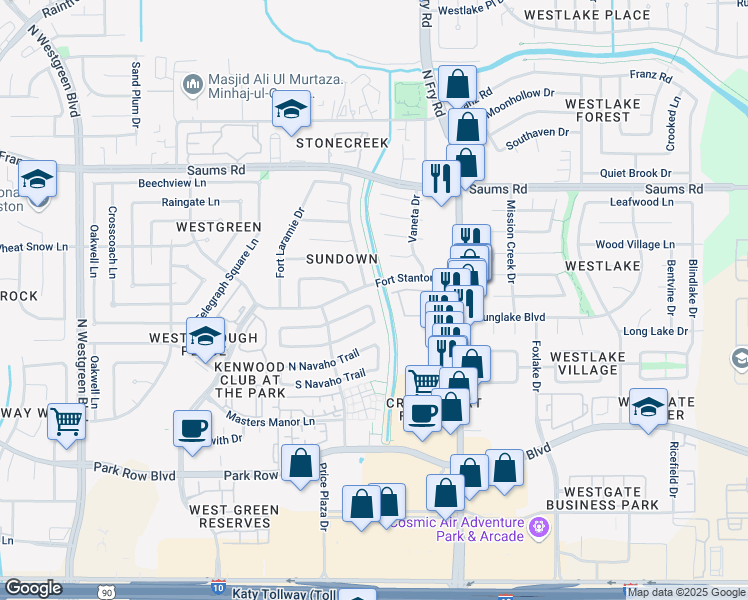map of restaurants, bars, coffee shops, grocery stores, and more near 2014 East Pecos Valley Trail in Katy