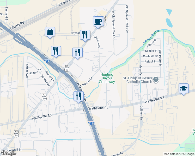 map of restaurants, bars, coffee shops, grocery stores, and more near 4104 Banner Drive in Houston